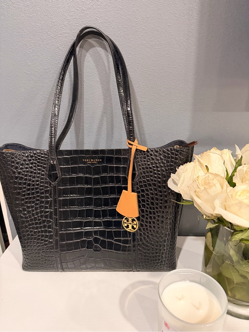 Tory Burch Black Croc-Embossed Leather Tote with Tan Tag and Gold Logo